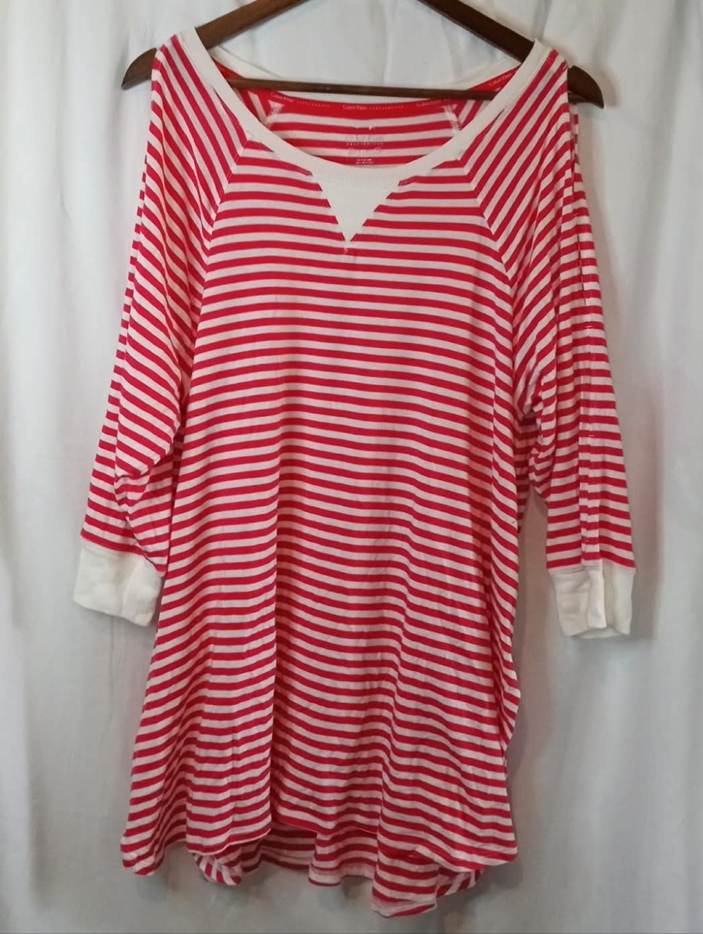 Calvin Klein Performance Red White Striped Soft Dress Nightshirt Cold Shoulder - Picture 1 of 7